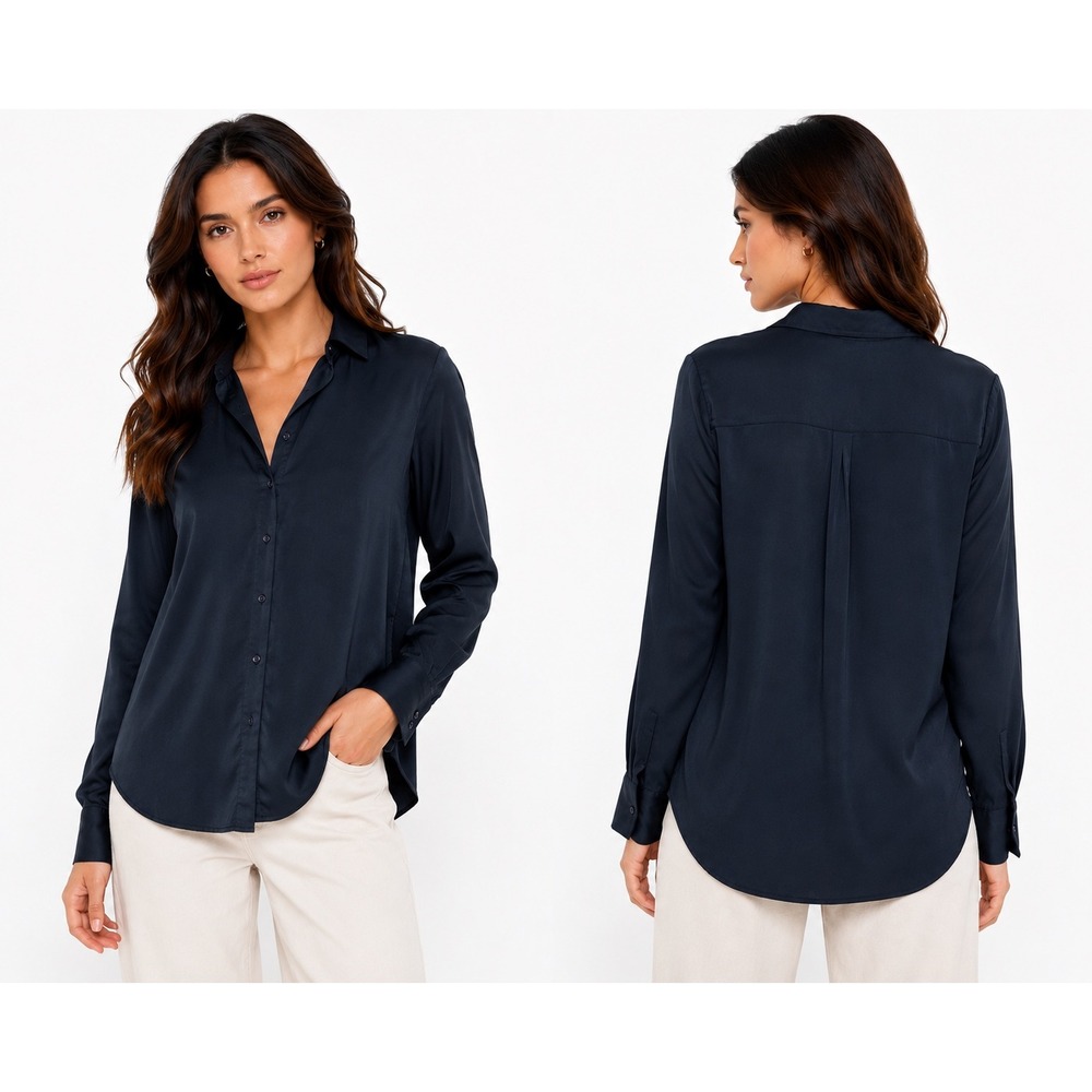 Amazon Essentials Button Down Shirt Womens Large Navy Blue Long Sleeve‎ Workwear